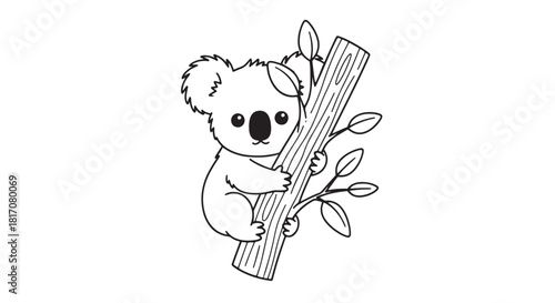 Adorable cartoon koala clinging to a tree branch in a monochrome illustration.