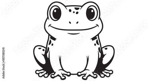 Whimsical Cartoon Frog Sitting with a Friendly Smile in Black and White Illustration.
