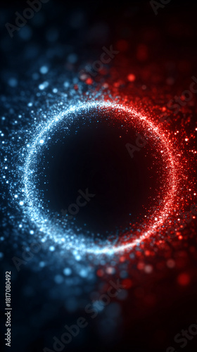 Red and blue glowing particles form a rotating circular ring in a dark space, creating a dynamic intro logo motion background with vibrant energy and futuristic light effects.
