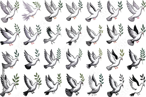 Elegant flock of doves carrying olive branches representing peace and harmony, originally a vector design, perfect for celebrations, greetings, and symbolic expressions