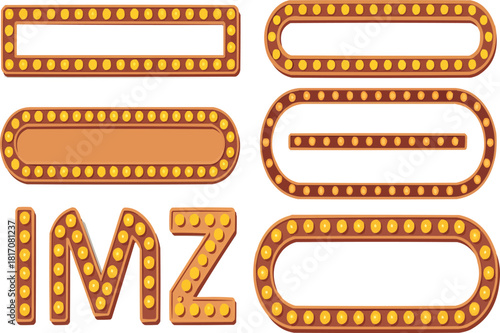 Retro illuminated frames and letters for signs, banners and creative projects, bringing a vintage, showtime aesthetic to your designs, perfect for adding a touch of old-school glamour