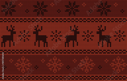 Christmas reindeer knit up pattern texture forms a seamless winter holiday sweater design in rich brown and red tones. This detailed scandinavian vector illustration is an excellent traditional wool