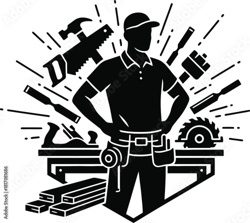 Carpenter surveying workshop, a proud owner silhouette