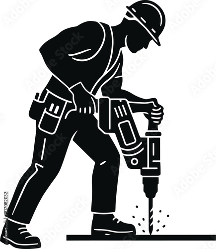 Contractor drilling a hole, side profile silhouette vector