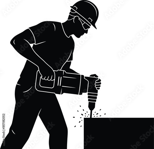 Contractor drilling a hole, side profile silhouette vector
