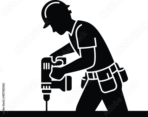 Contractor drilling a hole, side profile silhouette vector