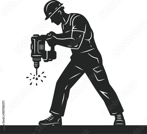 Contractor drilling a hole, side profile silhouette vector