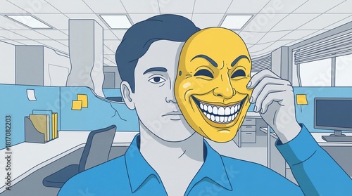 Concealing Sadness: Man in Broken Office Cubicle Holds Up a Smiling Yellow Mask to Fake Happiness at Work