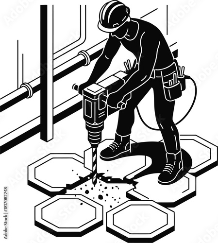 Contractor drilling a hole into a floor, isometric silhouette