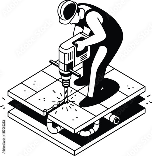 Contractor drilling a hole into a floor, isometric silhouette