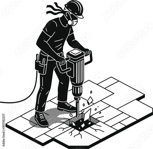 Contractor drilling a hole into a floor, isometric silhouette