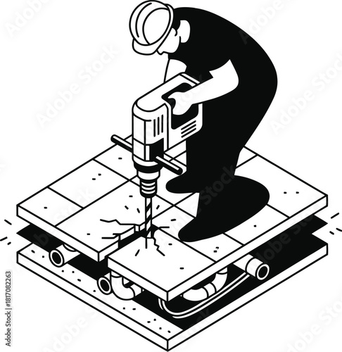 Contractor drilling a hole into a floor, isometric silhouette