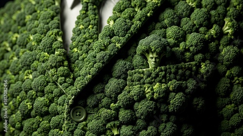 Surreal close-up of a distinguished gentleman wearing a unique suit entirely crafted from vibrant green broccoli florets, with a serious face peeking out.