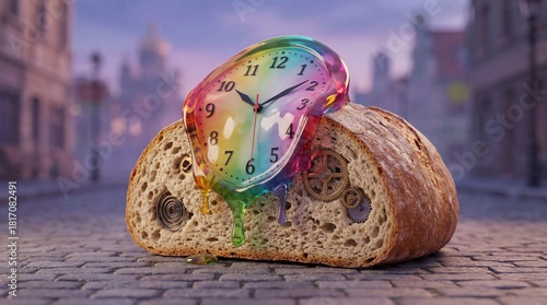 Surreal melting rainbow clock with intricate gears embedded in a rustic bread loaf, set against a blurred mystical urban backdrop.