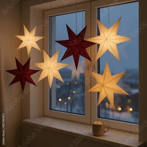Warm Christmas Star Lanterns Hanging by Window – Cozy Holiday Home Decor