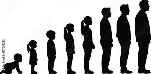 Human developmental stages depicted in silhouette from infancy to adulthood in a thoughtful illustration 