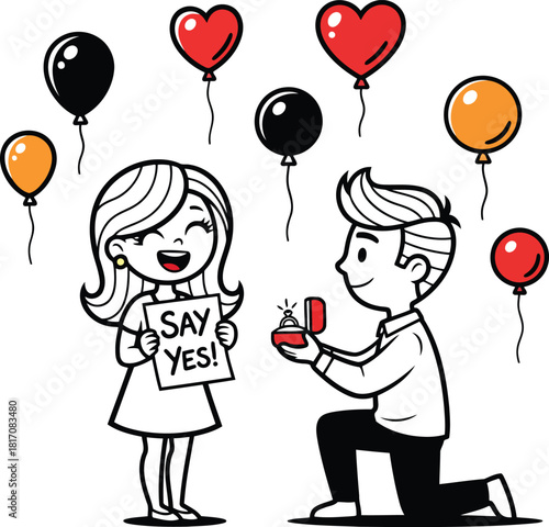 Engagement party illustration presents marriage proposal with balloons around