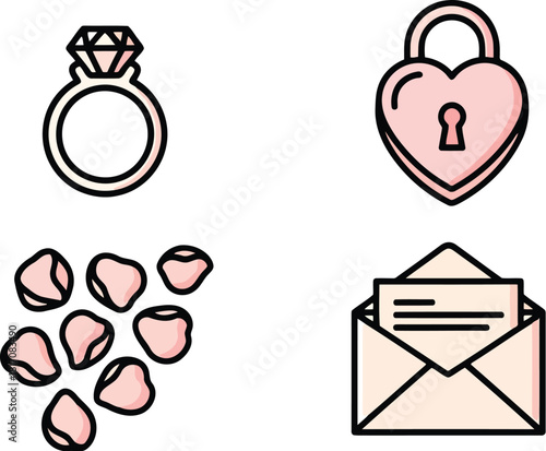 Engagement concept vector illustration with ring, heart, love and petal