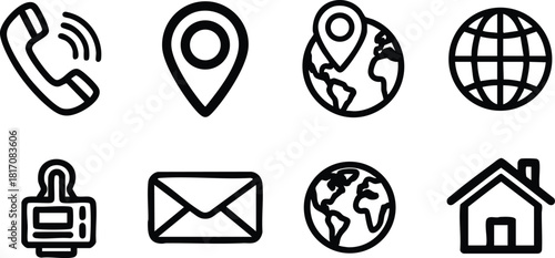 Communication icons including phone, location pin, globe, and house for digital use in various applications 