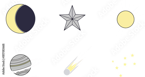 Set of space object illustrations like sun moon star planet comet and constellation