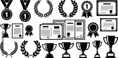 Awards and trophies collection showcasing medals, certificates, and laurel wreaths for celebrating achievements and success in various fields 