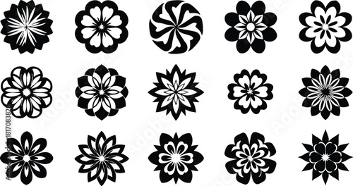Various floral designs featuring intricate black and white patterns suitable for artistic projects and decorations 