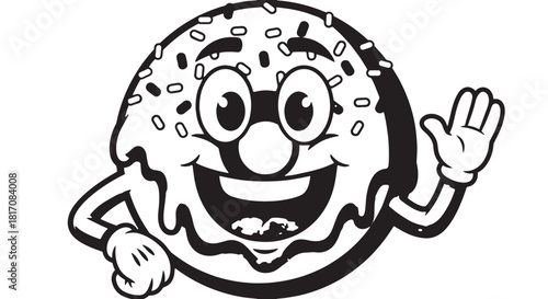 Playful donut cartoon character waving with icing and sprinkles.
