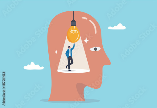 Intelligence thinking, wisdom or intuition in genius brain, creative mindset or emotional intelligence, smart thinking or psychology concept, smart man turn on lightbulb idea inside his genius head.