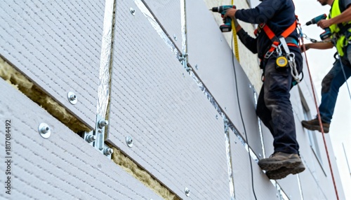Obraz na plátně Closeup of rigid foam boards being installed on building facade to enhance energ