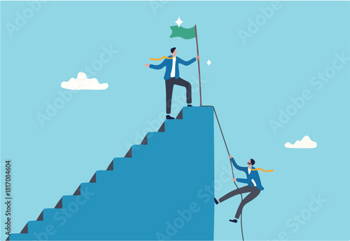 Efficient way to win business competition, productive or effectiveness work, smart easy way to reach goal, better clever solution concept, businessman winner walk up stair to win business competition.