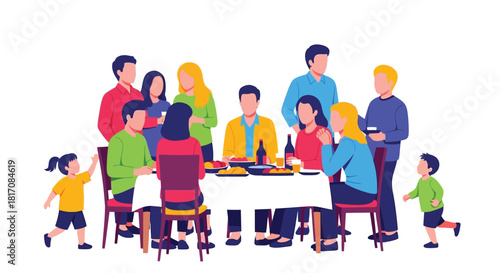 A large family gathering enjoys a meal together at a dining table