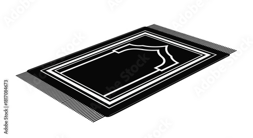 A black islamic prayer rug with white decorative border design displayed