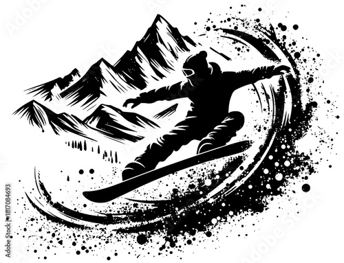 A bold snowboarder carving a high-energy turn against a stylized mountain backdrop, surrounded by a dramatic spray-paint arc that conveys motion, adrenaline, and outdoor adventure