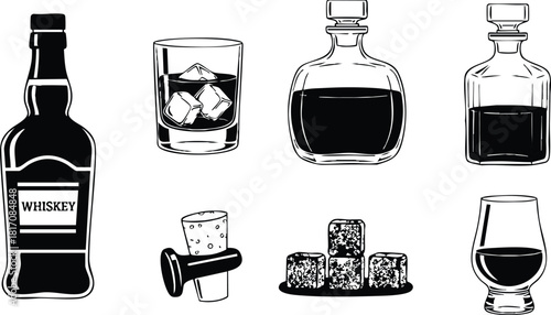 Whiskey bottles and glasses illustration featuring various whiskey types and ice cubes in stylish black and white design 