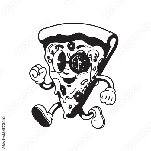 Playful cartoon slice of pizza comes to life with a cheerful grin and energetic stride.