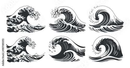 Set of Japanese wave illustrations in traditional style