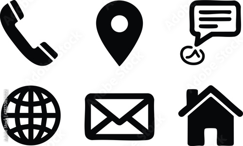 Communication icons set featuring phone, location pin, speech bubble, globe, email, and home symbol for digital use 