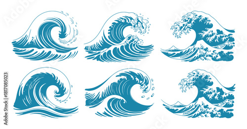 Set of blue ocean wave illustrations in japanese style