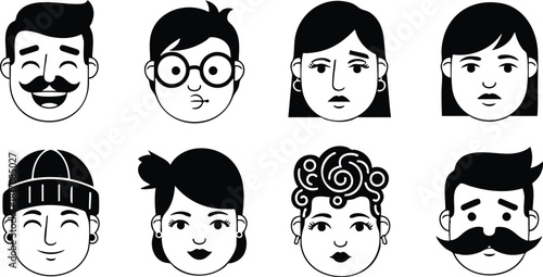 Diverse expressions illustrated through various character faces showcasing different hairstyles and accessories in a fun, engaging style 