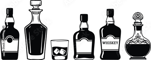 Whiskey bottles collection including glass with ice showcasing various whiskey styles and designs 