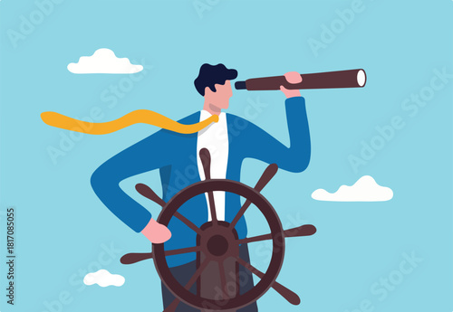 Business leadership and visionary to lead company success, career direction or work achievement concept, smart businessman boat captain control steering wheel helm with telescope vision.