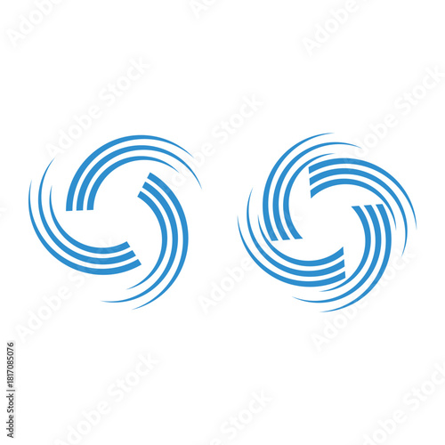 Two abstract blue swirl spinner twister wheel logos set, dynamic and modern design with three stroke lines.