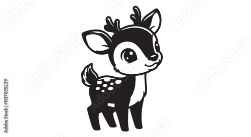 Cute cartoon deer fawn illustration in black and white with a playful expression.