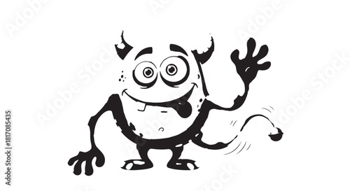 Playful black and white cartoon monster character with quirky limbs and big eyes illustration.