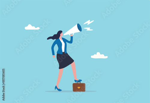 Speak up, communicate with confidence, telling the truth or presentation skill, storytelling, speaker, presentation or shout out concept, confidence businesswoman leader speak out loud on megaphone.