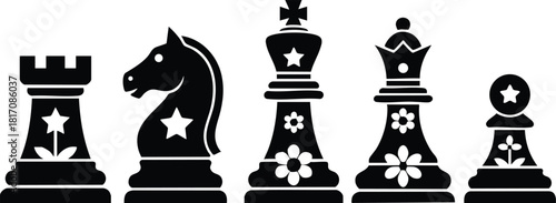 Chess pieces with floral designs in a minimalist black and white style for game enthusiasts and artists 