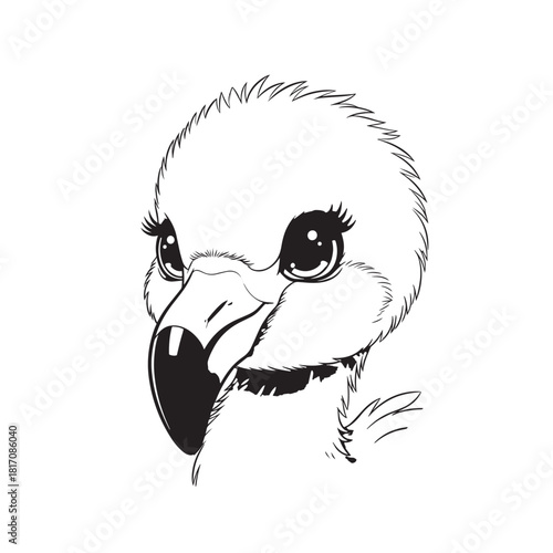 Close-up illustration of a white parrot head with bold beak and expressive eye.