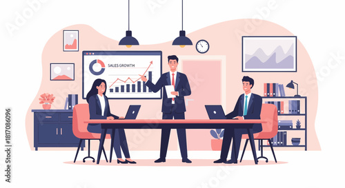 Business Meeting Presentation About Sales Growth In Modern Office
