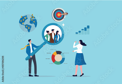 Customer research for marketing, study user behavior or analyze target group for advertising and marketing concept, businessman looking at big magnifier with customer group to see data analysis.