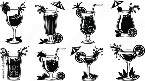 Refreshing cocktail illustrations featuring various drinks with garnishes and fun elements for summer enjoyment 